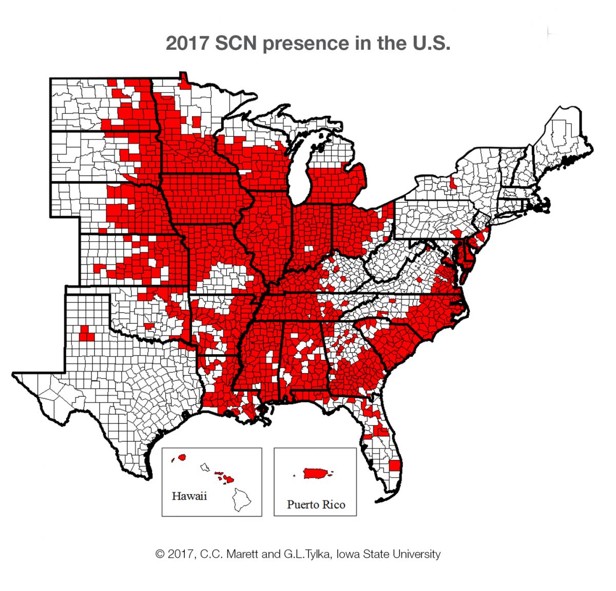 This 2017 map shows the states where there is a high infestation of Soybean cyst nematode.