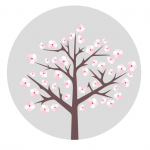 This image shows an illustrated almond tree in bloom.