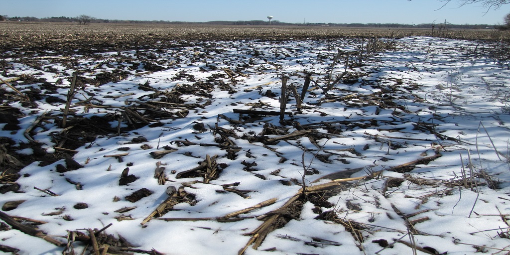 This agronomic image shows a planting field in the Midwest covered in snow.