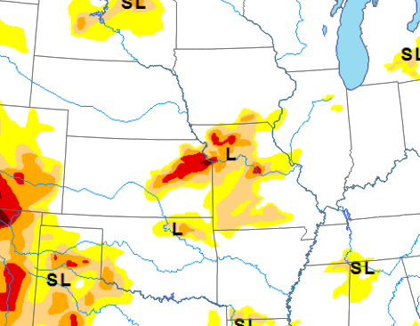 This agronomic image shows large swaths of Missouri in abnormally dry (yellow) and moderate drought (tan) to severe (orange) and extreme (red) drought conditions.